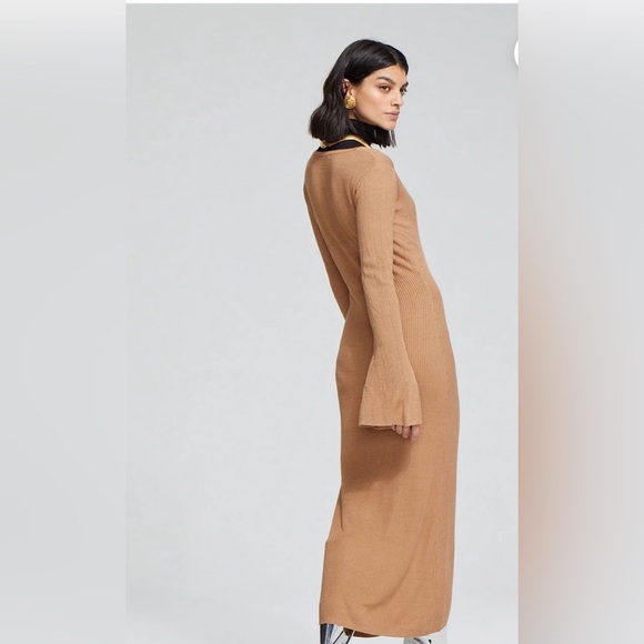 CAROLINE CONSTAS Collections Cassandra Ribbed Knit Dress in Camel Bell sleeves - Picture 4 of 13